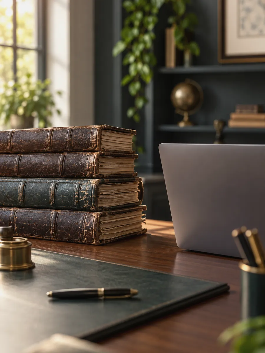 Old leather ledgers beside a modern laptop